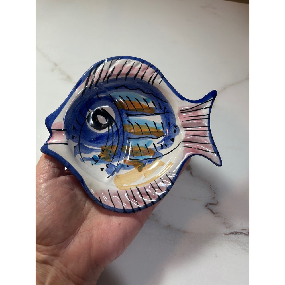 Solimene Vietri Italy Hand Painted Ceramic Fish‎ Dish Blue Pink Trinket Bowl 5in